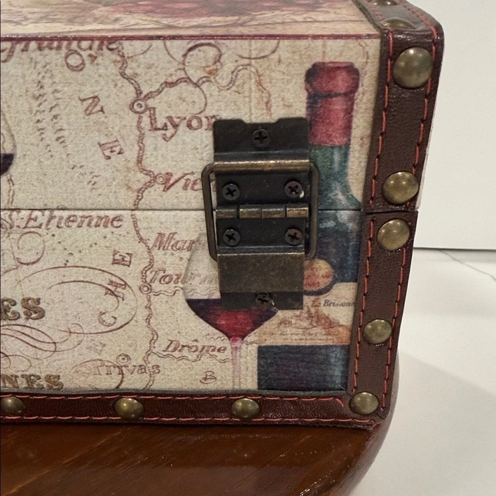 France Wine Country-Themed Decorative Wooden Storage Box, Faux Leather Straps